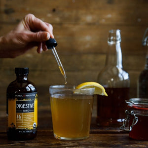 Create delicious healthy mocktails with our Digestive Tonic: raw apple cider vinegar infused with ginger, lemon and herbs